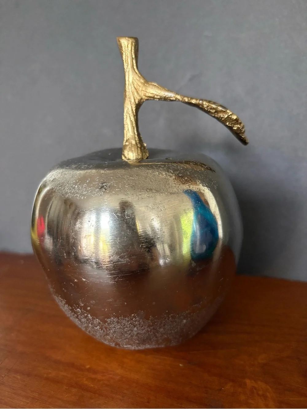 Large Decorative Metal Apple Sculpture - Silver with Gold Brass Stem
